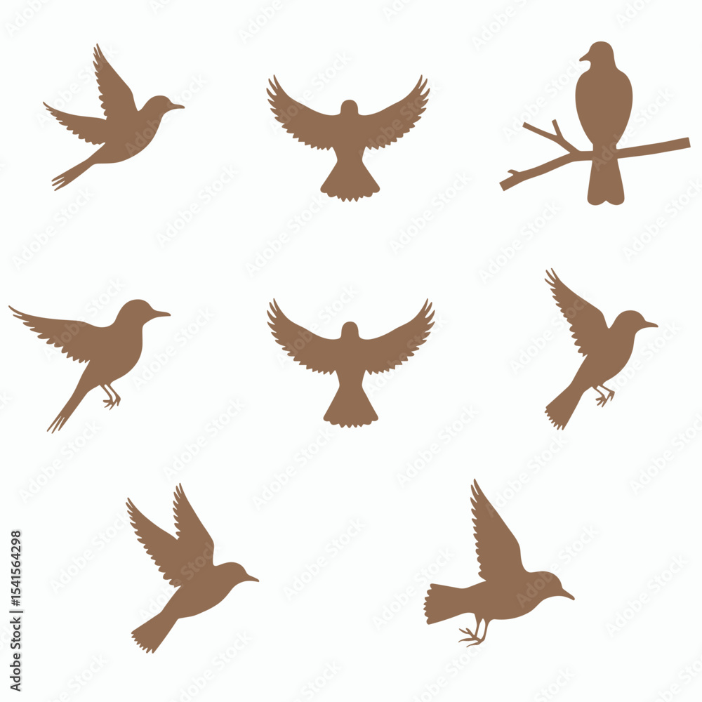 Obraz premium Brown Bird Silhouettes in Flight and Perched on Branch Collection Isolated on White