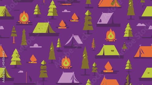 Camping icons arrange tents fires pines on purple background flat design