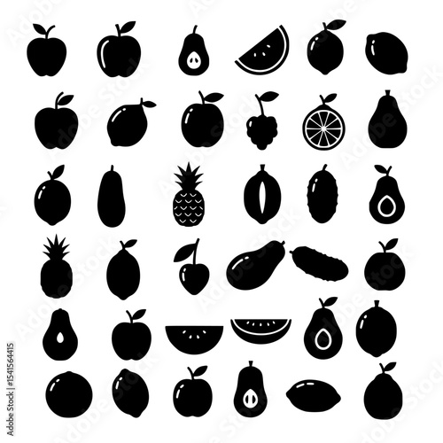 Collection of fruit and vegetable silhouettes isolated on transparent background