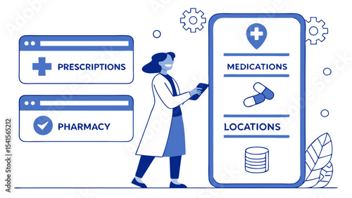 Doctor using digital tablet with prescriptions pharmacy medications and locations on the screen app display