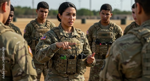 Military training session with a female instructor guiding soldiers in tactical gear outdoors