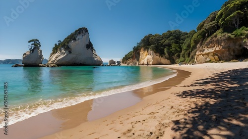 This breathtaking panoramic image of Cathedral Cove beach offers a rare and tranquil view of the iconic New Zealand coastline — completely empty and bathed in bright summer daylight. The golden sands,