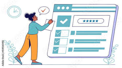 Woman completing a checklist on a large screen with a clock and plants in the background illustration