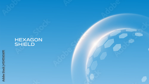 Glass transparent protection sphere shield. Sphere shield with hexagon pattern on blue background. Modern tech futuristic of bubble dome shield sphere with hexagon halftone pattern.