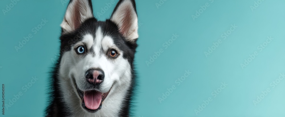 Obraz premium The adorable husky with striking blue and brown eyes against a turquoise backdrop.