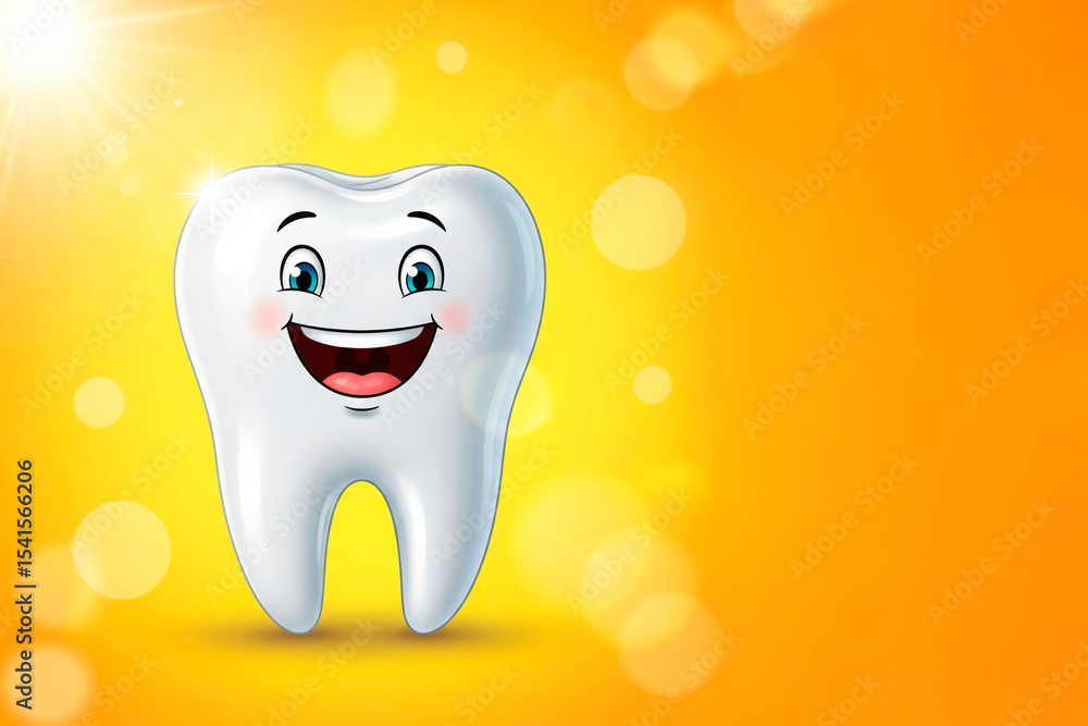 A cheerful tooth with eyes and a smile on a yellow background. Space for text. A cheerful tooth with eyes and a smile on a yellow background. Space for text.