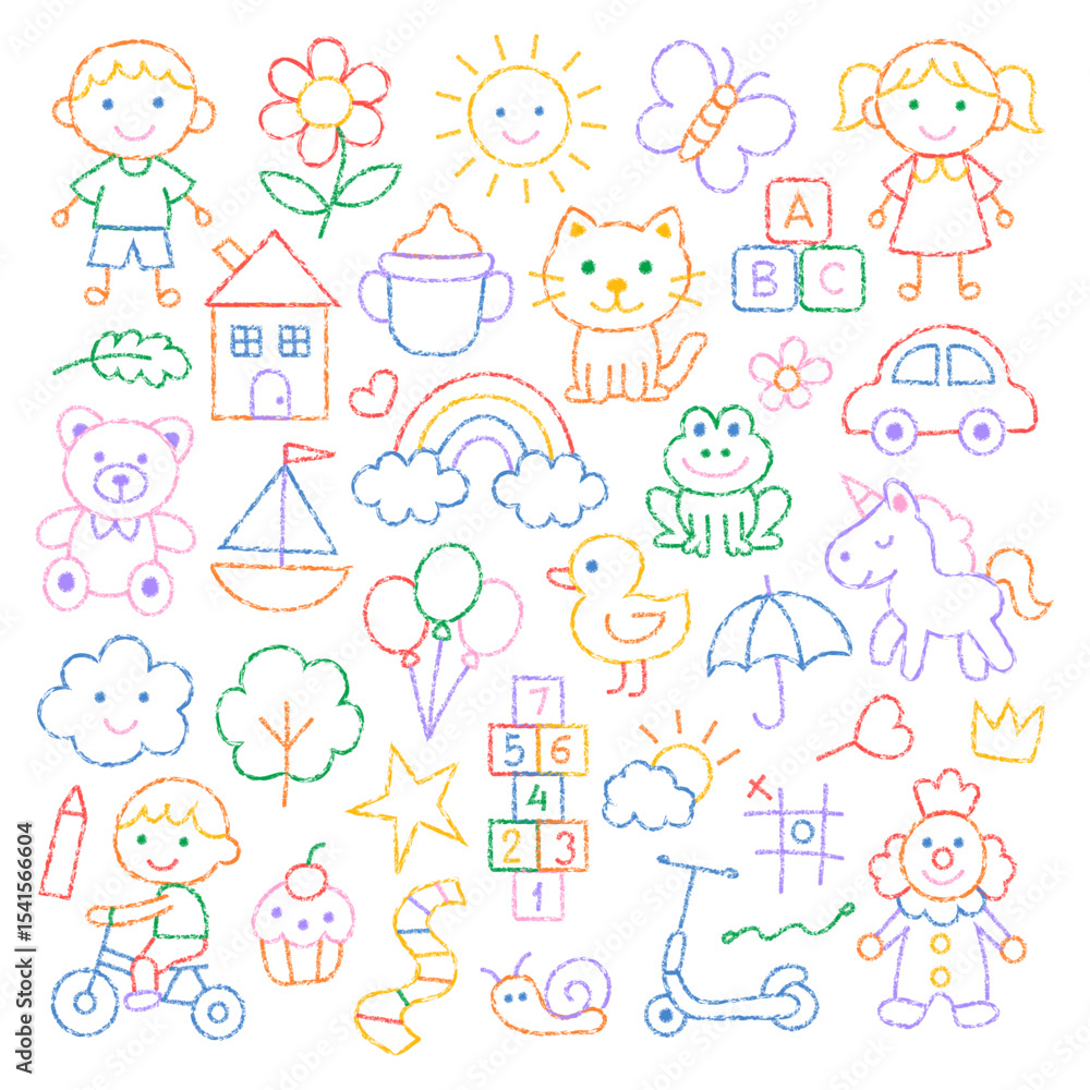 Cute kid crayon hand drawn icon. Preschool kindergarten doodle set. Sketch children vector school chalk background. Cute kid crayon hand drawn icon. Preschool kindergarten doodle set. Sketch children vector school chalk background.