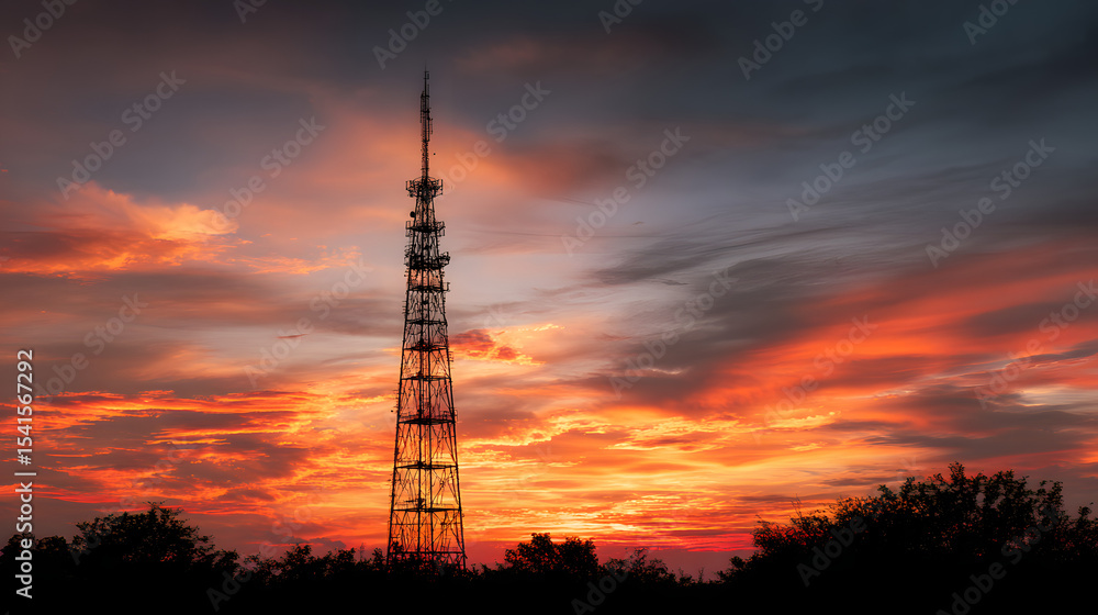 Naklejka premium Communication tower against a stunning sunset sky.