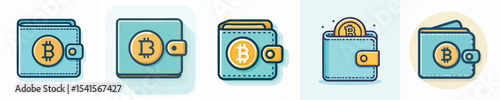 Bitcoin Wallet Icon Set – Flat Design Crypto Wallet with Digital Currency and Payment Symbol