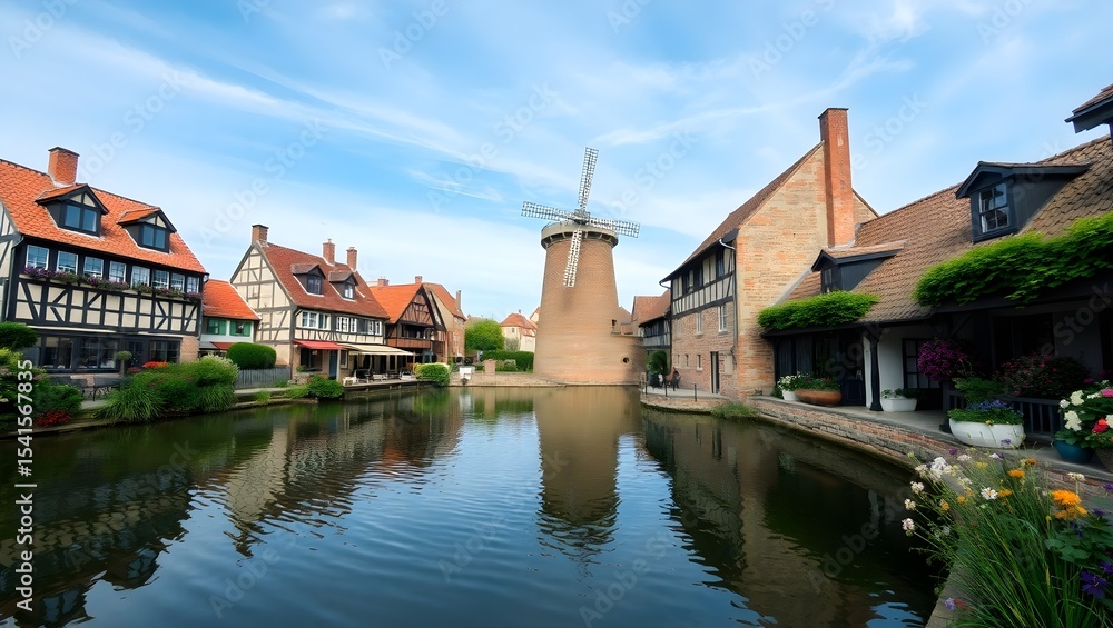 Fototapeta premium This peaceful image captures a serene and idyllic scene of a tranquil pond nestled within the heart of a historic Old Town. Surrounded by charming, timeworn buildings, cobbled paths, and gentle 