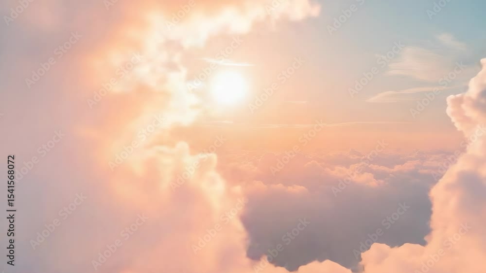 Rising sun disk illuminating cumulus formation in aerial view, shifting pastel hues to golden glow Rising sun disk illuminating cumulus formation in aerial view, shifting pastel hues to golden glow