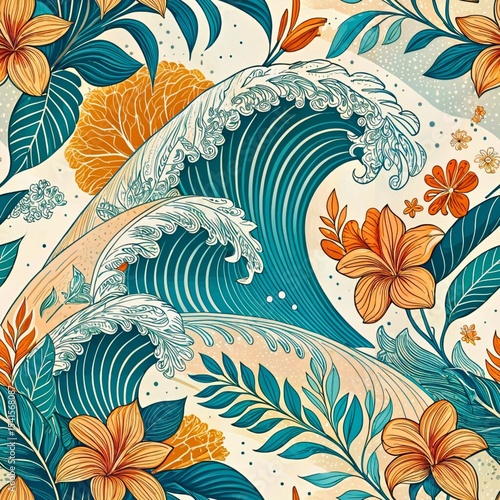 Seamless Surfboard Pattern with Hibiscus Flowers and Palm Leaves on Ocean Waves