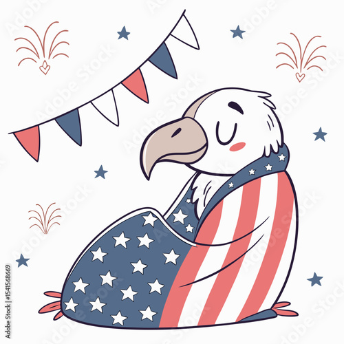 Cute Relaxed Condor, accessorized with wrapped in a blanket, in a 4th of July world – Patriotic Spark palette vector
