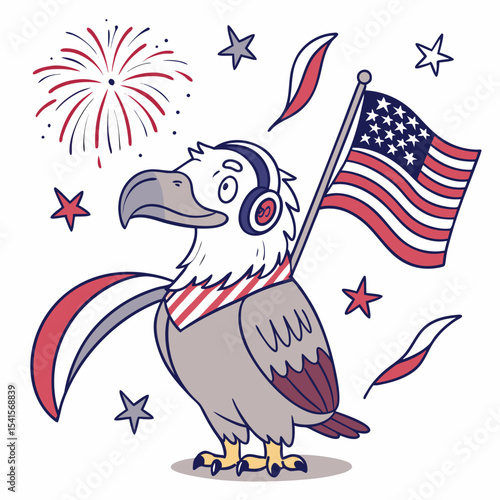 Cute Curious Condor, accessorized with wearing headphones, in a 4th of July world – Patriotic Spark palette vector