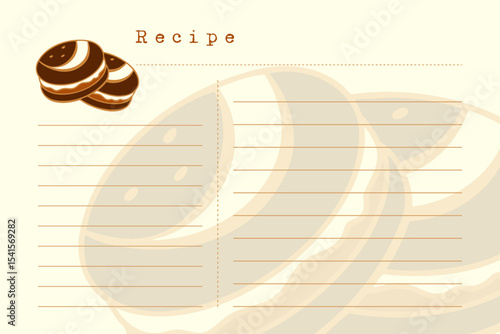 Recipe card template with drawing macaroons or chocolate cookies. Vintage old paper style, scrapbooking.