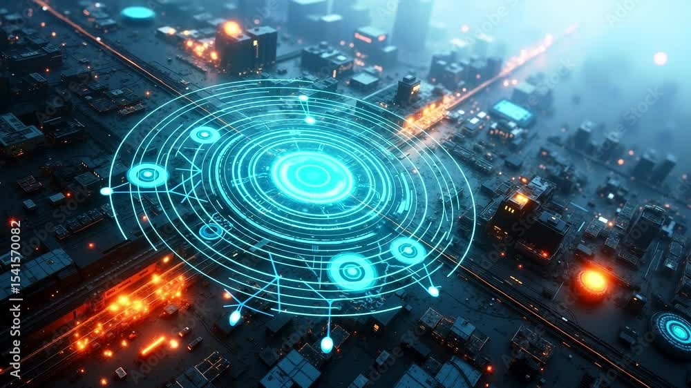 A futuristic city with a futuristic interface over it A futuristic city with a futuristic interface over it