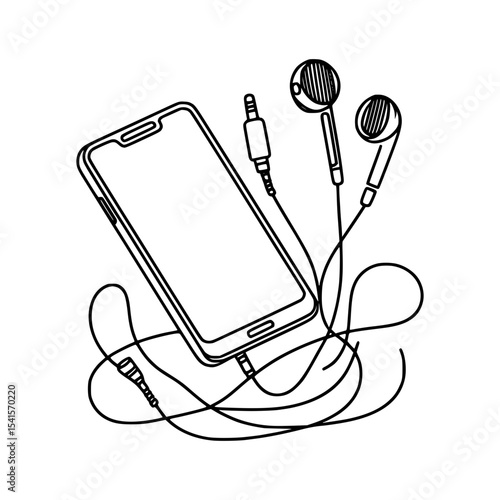 Smartphone with wired earbuds line art illustration