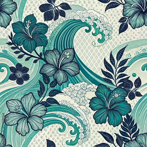 Seamless Surfboard Pattern with Hibiscus Flowers and Palm Leaves on Ocean Waves