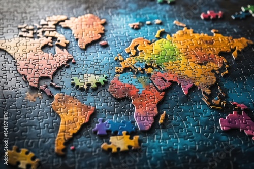 Conceptual art of global strategy with puzzle world map assembling