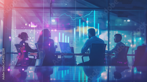 Semitransparent Glass Conference Table Featuring Floating Holographic Data Charts in Blue-Purple Tones, Surrounded by Diverse Multicultural and Multigenerational Team of Professionals