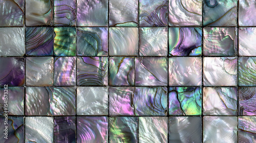 Square abalone shell. The color tone changes from green to purple with an iridescent effect. Each tile has unique colors and textures that resemble natural gemstones.