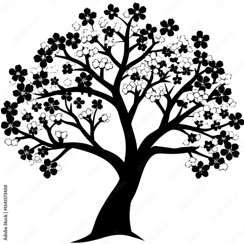 Fototapeta premium Cherry Blossom Vector | Generative AI & Linocut Silhouette Floral Design