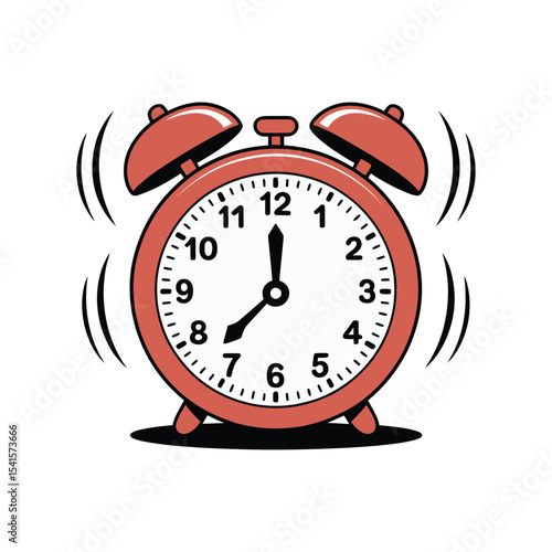 A classic red alarm clock ringing out loud against a white background depicting early mornings