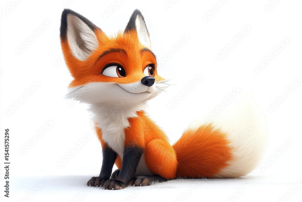 Fototapeta premium Cute animated fox character with fluffy tail sits playfully in a bright setting during daytime