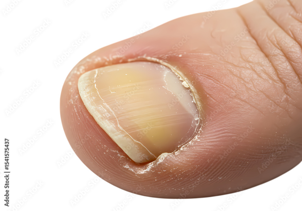 Fototapeta premium Closeup of a Fingernail with Yellow Discoloration and Damage isolated on transparent baackground