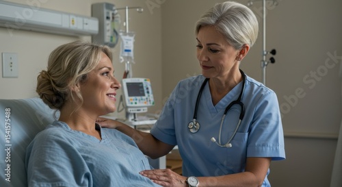 Caring nurse comforting patient in hospital room, showcasing compassion and healthcare support
