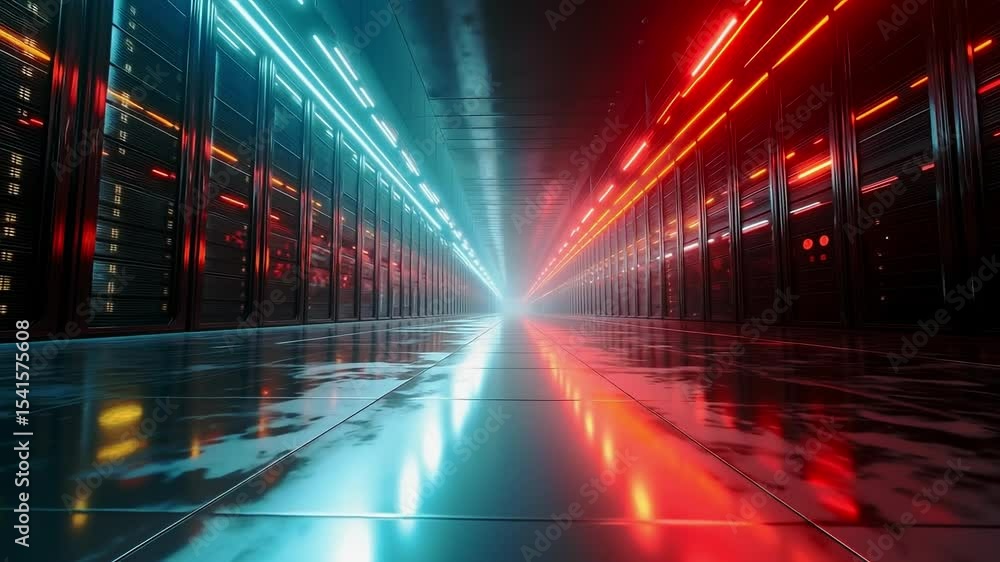 A long hallway in a server room with red and blue lights A long hallway in a server room with red and blue lights