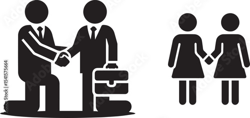 Two black human figures shaking hands, vector business icon