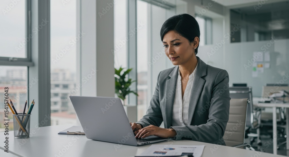 Professional woman working on a laptop in a modern office with city view and greenery Professional woman working on a laptop in a modern office with city view and greenery