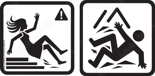 Human falling or stumbling, black vector icon for warning signs