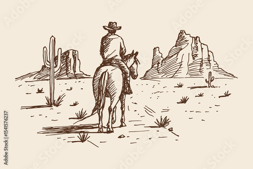 Cowboy riding horse in desert landscape sketch vector illustration