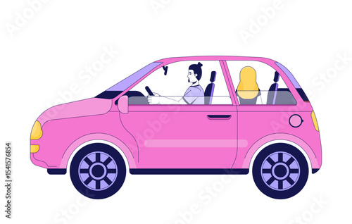 European couple driving in pink compact car 2D cartoon characters. Road trip, travel. Man driver, woman sitting in passenger seat flat vector people isolated on white. Spot illustration colorful