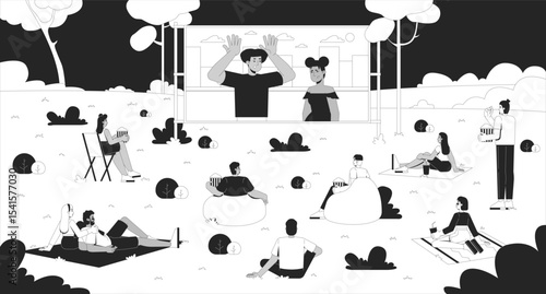 Outdoor movie night in park line illustration. Open-air film festival. People watching cinema screen on picnic blankets with popcorn 2D ink linear characters monochrome. Flat outline vector image