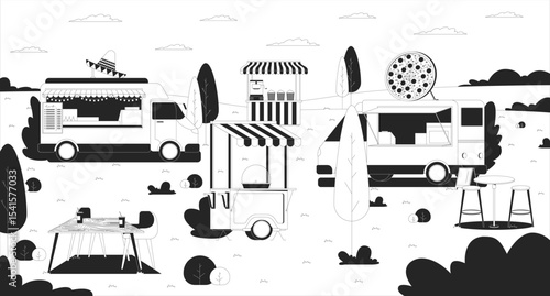 Empty outdoor food truck festival with striped stalls line illustration backdrop. Cotton candy, popcorn cart. Taco, pizza vendor stands 2D ink outline monochrome background. Lineart vector