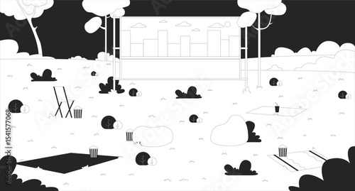 Empty park setup with outdoor movie screen and seating line illustration backdrop. Popcorn bean bags. Open-air projector screen at summer night 2D ink outline monochrome background. Lineart vector