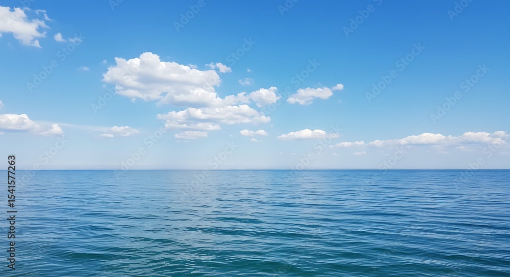Serene Ocean Meets Blue Sky: A Calm Seascape with Fluffy White Clouds Serene Ocean Meets Blue Sky: A Calm Seascape with Fluffy White Clouds