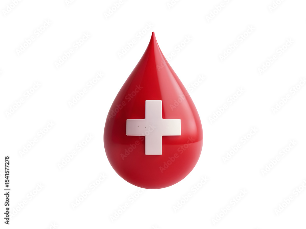 Red blood drop icon with white cross symbolizing medical aid, healthcare, or blood donation concept. Generative AI Red blood drop icon with white cross symbolizing medical aid, healthcare, or blood donation concept. Generative AI