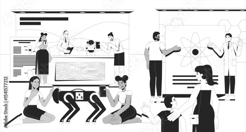 Science festival STEM fair line illustration. Robotics engineer, scientist showcasing robot dog, physics research to visitors 2D ink linear characters monochrome. Flat outline vector image