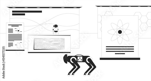 Empty robotics and technology science exhibition line illustration backdrop. Robots expo hall. Trade show. STEM fair display, educational booths 2D ink outline monochrome background. Lineart vector