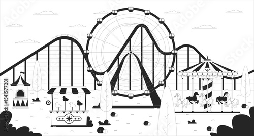 Empty amusement park with ferris wheel, carousel, carnival game line illustration backdrop. Roller coaster, horse roundabout attractions 2D ink outline monochrome background. Lineart vector