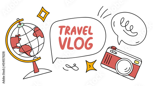 Illustration of a globe, travel vlog speech bubble, camera, and thought bubble on a white background
