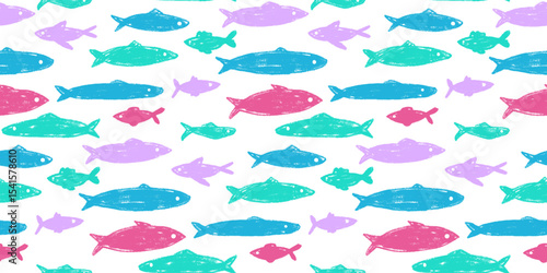 Crayon fish school seamless pattern. Sardines hand drawn endless background. Nautical repeat cover. Sea colorful continuous ornament. Surface pattern design water motif. Vector illustration.