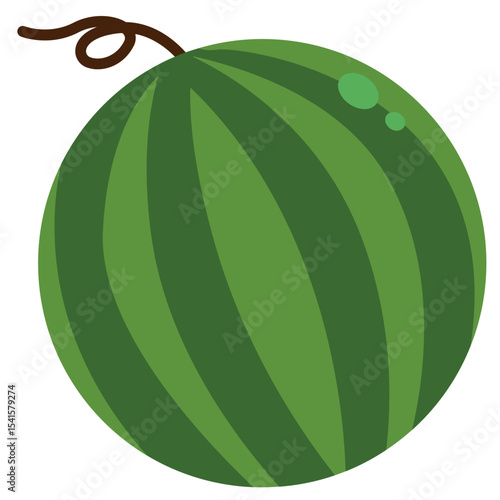 Green watermelon fruit illustration with striped rind and stem. Ideal for summer, fresh, juicy, tropical, and healthy food design concepts.

