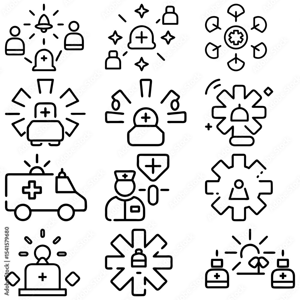 Fototapeta premium Collection of medical icons featuring ambulance, doctor, and various health related symbols in outline style
