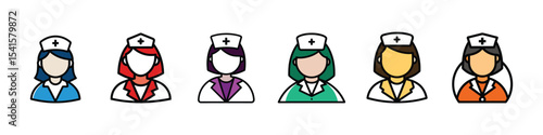Nurse icon vector illustration showing medical healthcare worker, professional caregiver in hospital or clinic, emergency service staff, and frontliner in scrubs with cross symbol