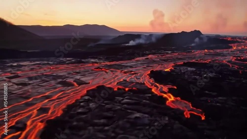 Molten streams of lava flow across a landscape at sunset